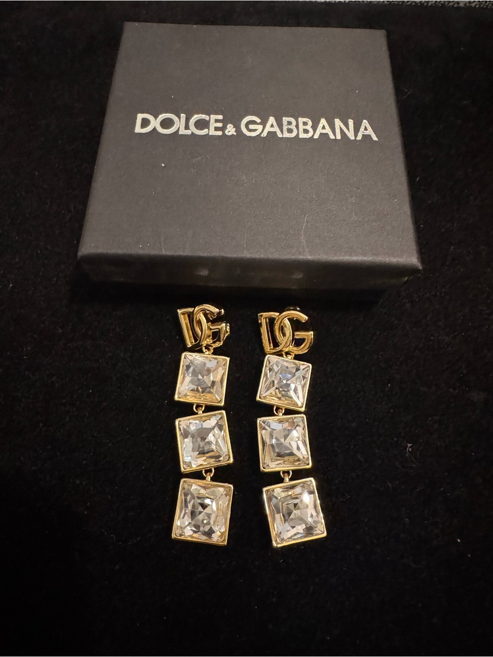 Dolce & Gabbana Gold-tone DG Drop Earrings with Clear Stones